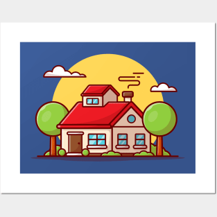 Beautiful House with Clouds and Sunset Cartoon Vector Icon Illustration Posters and Art